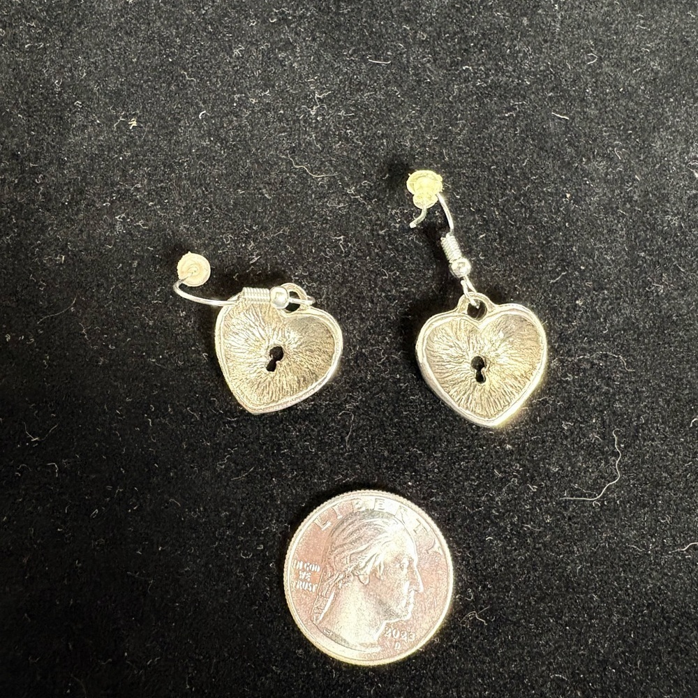 Silver Tone Heart Lock Dangle Earrings - Picture 5 of 6